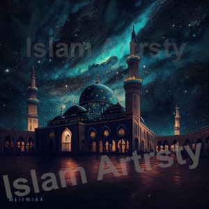 Starry Night Madina Mosque- Islamic Places - Islamic Poster Print - Muslim Art - Places or Wroship - DIGITAL FILE ONLY
