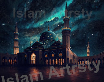 Op de afbeelding: Een gedetailleerde illustratie van een moskee 's nachts met een sterrenhemel. De moskee heeft een grote blauwe koepel en meerdere minaretten. De binnenplaats is verlicht met zacht licht.