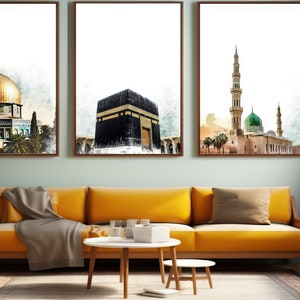 Set of 3 Islamic Wall Art -DIGITAL FILE ONLY - Kaaba Mecca - Masjid an-Nabawi Medinah - Al Aqsa - Dome of the Rock - Islamic Poster Print