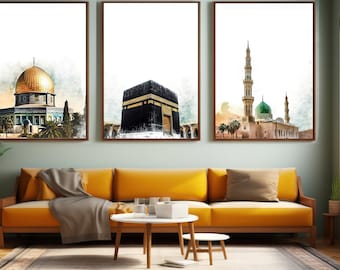 May include: Three framed watercolor paintings of Islamic architecture. The first painting shows the Dome of the Rock in Jerusalem, the second shows the Kaaba in Mecca, and the third shows a mosque with a green dome and minarets.