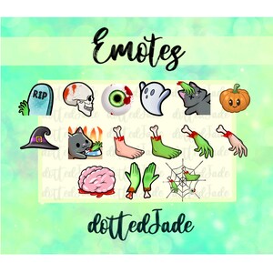 May include: A set of 14 Halloween-themed emojis, including a ghost, a pumpkin, a skull, a brain, a spider web, a cat, a tombstone, an eye, and several zombie hands.