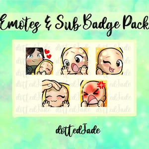 Könnte beinhalten: Ein Paket mit Emotes und Sub-Badges mit verschiedenen Cartoon-Babygesichtern, die unterschiedliche Emotionen ausdrücken. Der Text "Emotes & Sub Badge Pack" steht oben, und der Name des Verkäufers, "dottedJade", steht unten.