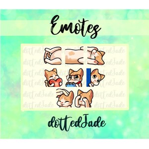 May include: A set of orange and white cat emotes displaying different emotions, such as holding a heart, wearing glasses, and peeking. The word "Emotes" is written in black script above the images, and the name "dottedJade" is written below.