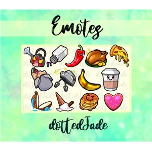 Könnte beinhalten: Eine Sammlung farbenfroher digitaler Emoticons zum Thema Essen, darunter eine rote Chilischote, ein gebratener Truthahn, ein Pizzastück, eine Banane und eine Kaffeetasse. Das Wort "Emotes" steht in schwarzer Schrift über den Bildern. Der Künstlername "dottedJade" steht in schwarzer Schrift darunter.