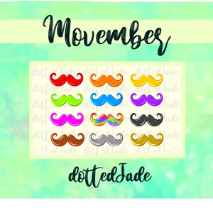 Puede incluir: Un conjunto de 12 ilustraciones de bigotes coloridos con la palabra "Movember" en la parte superior y el texto "dottedJade" en la parte inferior.