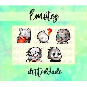 May include: A collection of six cartoon emotes with a horror theme. The emotes include a bunny with a heart, a white onion with a question mark, a character with a metal mask, a clown, and a character with a blank expression. The word "Emotes" is written in cursive.