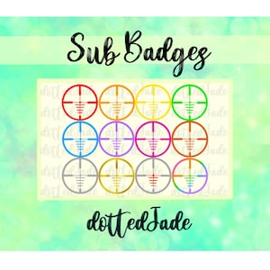 Könnte beinhalten: Ein Satz von 12 bunten Zielscheiben-Abzeichen mit schwarzem Rand und weißen Fadenkreuzen. Die Abzeichen sind in einem 3x4-Raster angeordnet und oben mit "Sub Badges" und unten mit "dottedJade" beschriftet.