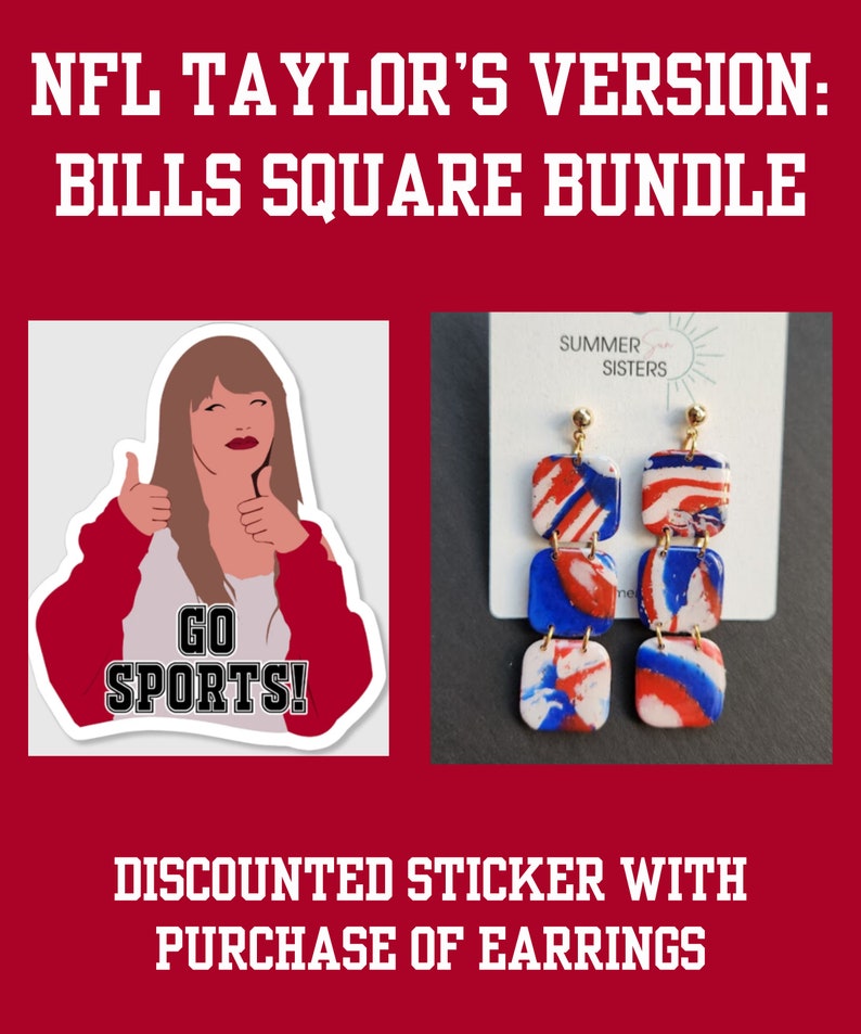 May include: A sticker featuring a cartoon woman with thumbs up, wearing a red shirt with the text "GO SPORTS!" and a pair of blue and red square earrings with gold accents. The earrings are labeled "SUMMER SISTERS".