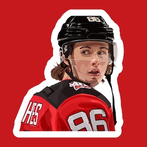 May include: A sticker featuring a stylized illustration of a hockey player in a red and black jersey with the number 86. The player wears a black helmet and has brown hair. The background is solid red.
