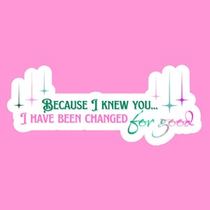 May include: A sticker with the text "BECAUSE I KNEW YOU... I HAVE BEEN CHANGED for good" in a whimsical font. The text is in shades of green, pink, and white, with starburst accents on a pink background.