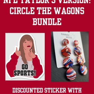 May include: A red and white sticker with a cartoon woman giving a thumbs up and the text "Go Sports!"  A pair of red, white, and blue earrings with gold accents. The earrings are on a white card with the text "Summer Sisters".