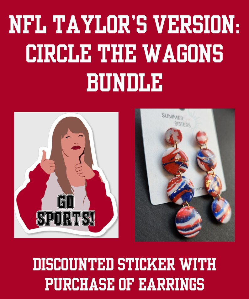 May include: A red and white sticker with a cartoon woman giving a thumbs up and the text "Go Sports!"  A pair of red, white, and blue earrings with gold accents. The earrings are on a white card with the text "Summer Sisters".