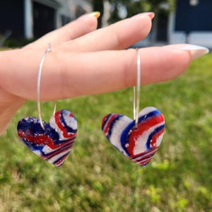 Buffalo Bills Heart Hoop Earrings: Red, White & Blue Polymer Clay