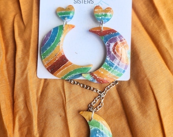 Rainbow Pride Polymer Clay Lightweight Moon and Heart Dangle Earrings and Necklace