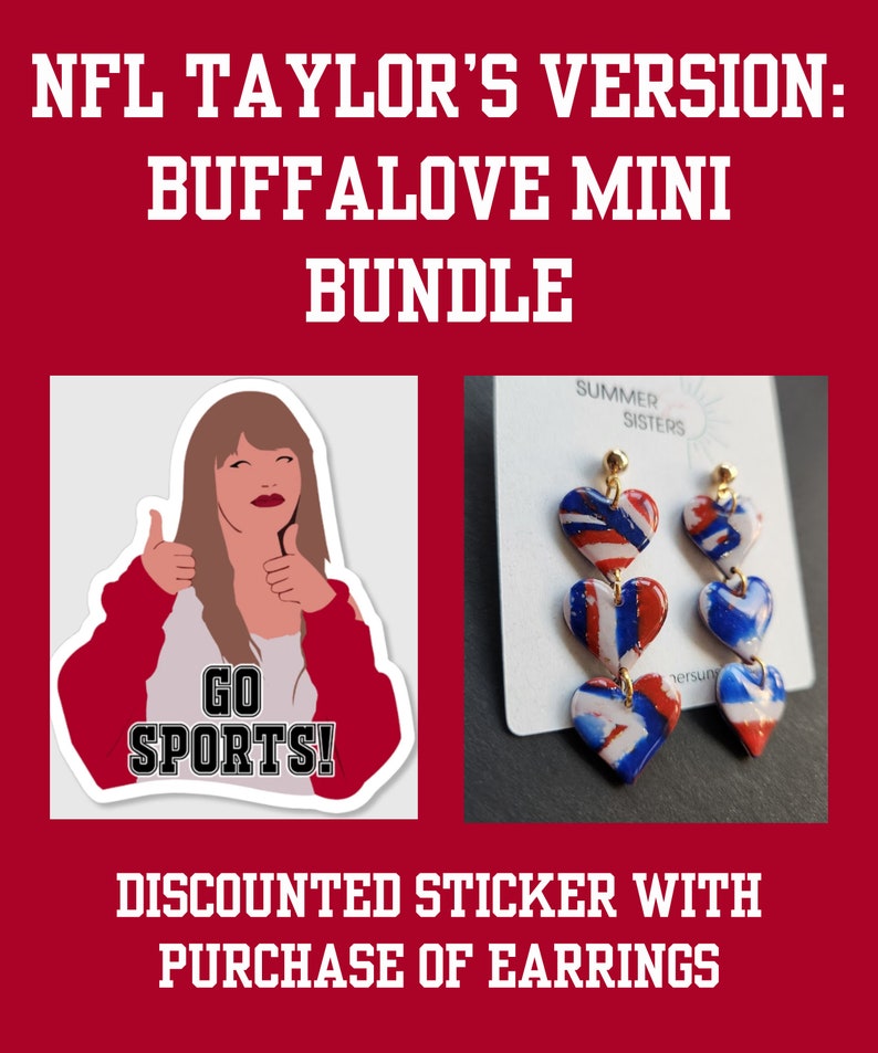 May include: A sticker featuring a cartoon illustration of a woman with thumbs up, wearing a red shirt and white sweater, with the text "GO SPORTS!" and a pair of red, white, and blue heart-shaped earrings with gold hooks. The earrings are labeled "SUMMER SISTERS".