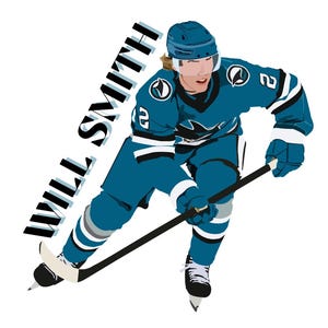 May include: Illustration of a hockey player in a teal jersey with the name "WILL SMITH" in black text. The player is wearing a helmet, gloves, and skates, holding a hockey stick. The jersey has the number "2" on it.