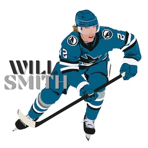 Könnte beinhalten: Illustration eines Eishockeyspielers in einem türkisfarbenen Trikot mit dem Namen "WILL SMITH" in grauem Text. Der Spieler trägt einen Helm, Handschuhe und Schlittschuhe und hält einen Hockeyschläger. Der Hintergrund ist weiß.