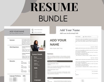 May include: A resume template bundle with two different layouts. The first layout features a black and white design with a woman sitting at a computer. The second layout features a gray and white design with a more minimalist style. Both layouts include sections for contact information, work experience, education, skills, and references.