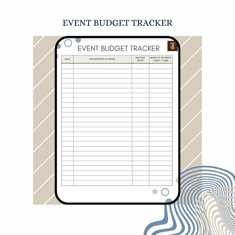 Może przedstawiać: Drukowalny tracker budżetu wydarzenia z kolumnami na datę, opis wydatk&oacute;w, kwotę wydaną i spos&oacute;b płatności. Tracker został zaprojektowany, aby pom&oacute;c w śledzeniu wydatk&oacute;w na wydarzenie.