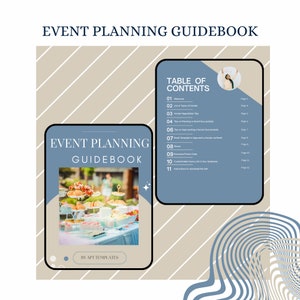 Może przedstawiać: Niebieska i biała książka zatytułowana "Event Planning Guidebook" z tabelą treści. Książka zawiera zdjęcie stołu z deserami i zdjęcie uśmiechniętej kobiety.