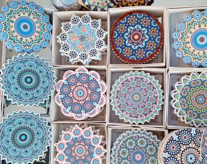 Moroccan engraved  Ceramic Coasters  Set Of 6 | | Drinks Tea Wine Beer | Ceramic Wooden Resin | House Warming Gift