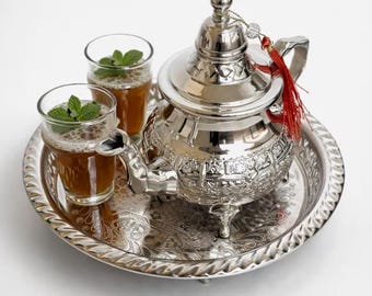 Moroccan teapot set with tray, beldi glass cups, vintage style tea pot with infuser