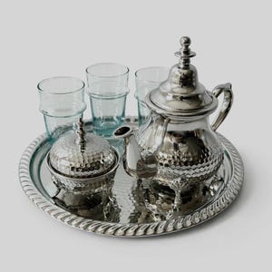 Handmade Moroccan Tea Set – hammered Copper Teapot, Brass Tray & Beldi glass