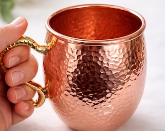 Handgefertigte Gehämmerte Kupfertasse mit Messinggriff - 600ml reiner Kupferbecher, handgefertigt in Marokko