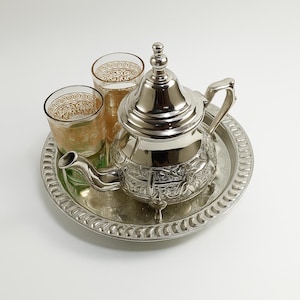 Handmade Fassi Copper Tea Set: Moroccan Teapot, Engraved Tray, Glasses