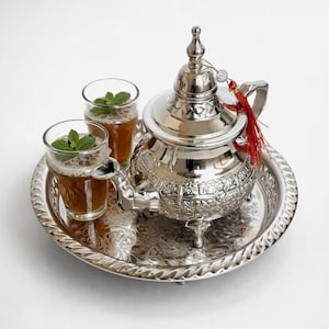 Handmade Moroccan Tea Set with Infuser, Silver Teapot, Engraved Tray and Tea Glasses