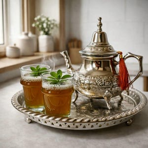 Handmade Moroccan Tea Set with Infuser, Silver Teapot, Engraved Tray and Tea Glasses