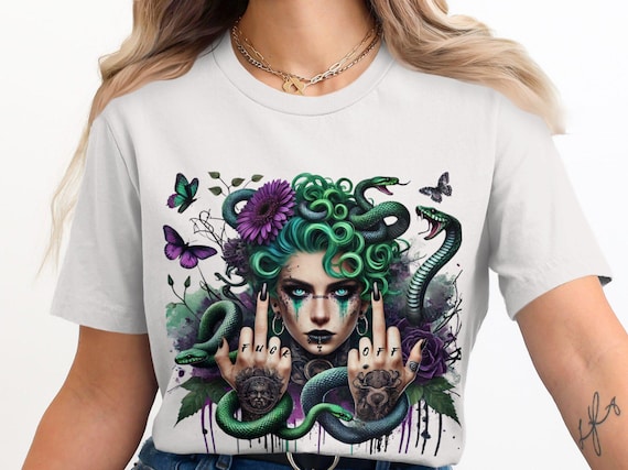 Medusa artwork sublimation design, Gothic mystical PNG, Green hair fantasy art printable, Snake tattoo clipart, Butterfly digital file