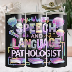 May include: Three black and white tumbler cups with a colorful design that says "Speech and Language Pathologist". The design includes a microphone, sound waves, and books.