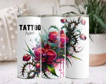 Artista del tatuaje 20oz Skinny Tumbler Wrap, Diseño de sublimación entintado, Vaso recto, Descarga digital instantánea PNG, Envoltura del vaso del tatuador