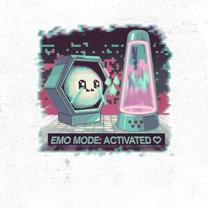 May include: A pixelated illustration of a hexagonal computer with a crying face and the text "A.L.A." inside.  The computer is next to a pink lava lamp with a glitchy effect.  The text "EMO MODE: ACTIVATED ♥" is below the image.