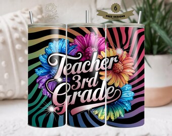Schulbecher | Blumen Tumbler Wrap Design | Digitaler Download | 3.Grad Lehrer wickeln | Lehrer Becher wickeln | 20 Unzen Skinny Tumbler Wrap