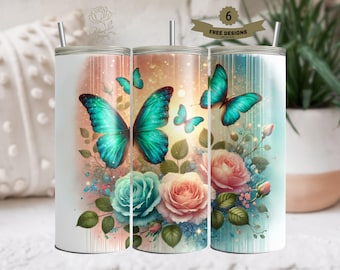 Butterflies and Roses 20oz Tumbler PNG, Floral Butterfly Wrap, Sublimation Design, Tumbler Design for Printing, Digital Download