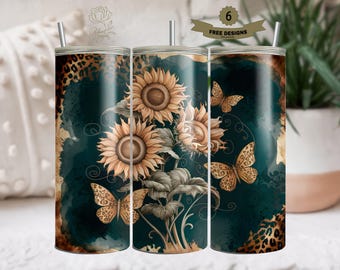 Sunflowers Leopard 20oz Skinny Tumbler Wrap, Floral Sublimation Tumbler Design, Leopard Print Flower Digital Download
