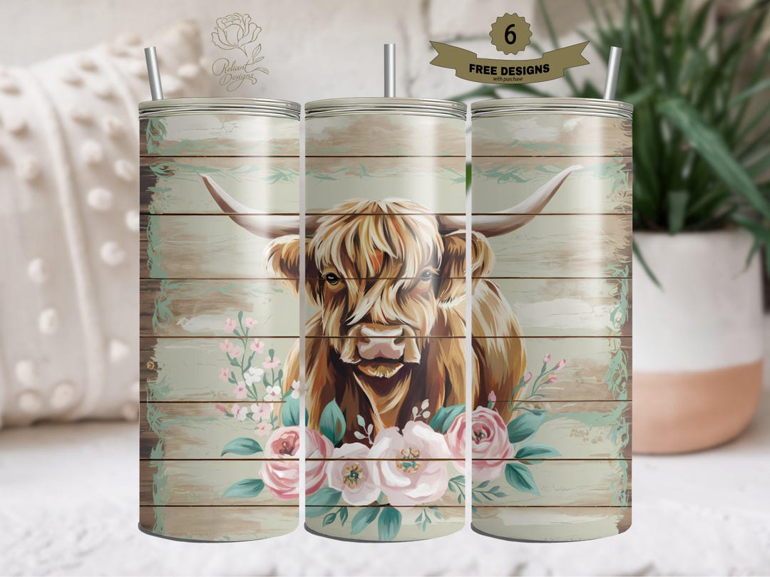 Highland Cow 20 Oz Tumbler Wrap Sublimation PNG, Rustic Floral Cow ...