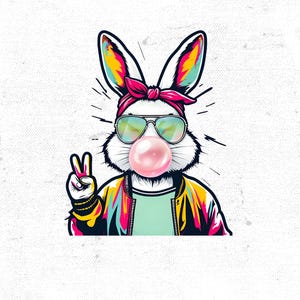 Digital Products Easter Pop Art, Hipster Rabbit Cartoon, Peace Sign Art, Rabbit Sunglasses, Fun Digital Rabbit Art for Sublimation Printing