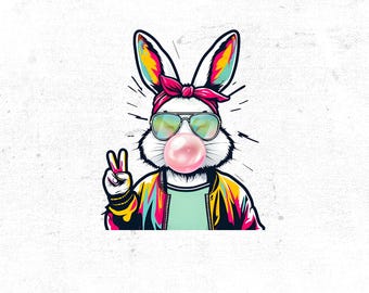 Digital Products Easter Pop Art, Hipster Rabbit Cartoon, Peace Sign Art, Rabbit Sunglasses, Fun Digital Rabbit Art for Sublimation Printing