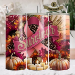 Pink Pumpkin Ribbon Awareness Breast Cancer Survivor Tumbler Wrap 20 oz Skinny Tumbler Sublimation Design Digital Download PNG Instant