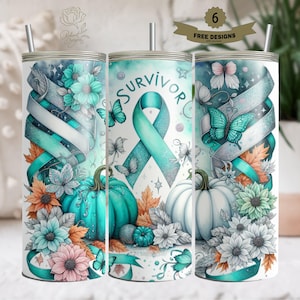 Teal Pumpkin Ribbon Awareness Ovarian Cancer Survivor Tumbler Wrap 20 oz Skinny Tumbler Sublimation Design Digital Download PNG Instant