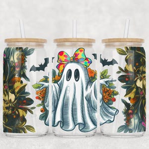 Autumn Fall Pumpkin Ghost 16oz Glass Cup Wrap Png, Sublimation Design, 16oz Glass Cup Png, Retro Fall, Trendy Floral Autumn Ghost Png