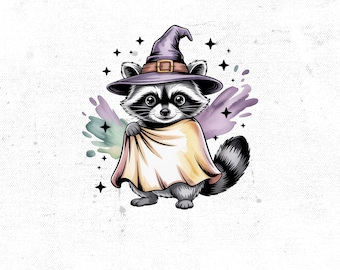 Halloween Tshirt Sublimation PNG, Raccoon Witch, Cute Animal, Spooky Season, Halloween Costume, Fall Design, Graphic Tee, Digital Download