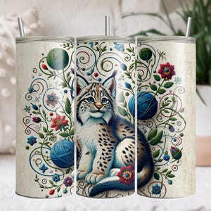 Cute lynx with yarn balls art, colorful lynx design, animal lover gift, lynx and flowers illustration, 20oz sublimation tumbler PNG