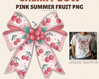 Puede incluir: Un gráfico de lazo rosa grande con un patrón repetitivo de cerezas con hojas y tallos verdes. El texto CHERRY BOW PINK SUMMER FRUIT PNG aparece en la parte superior. Un recuadro pequeño muestra el diseño del lazo en una camiseta blanca.
