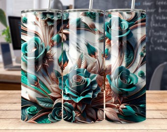 Envoltura para vaso con diseño floral de rosas en 3D, diseño de sublimación para vaso delgado de 20 oz, envoltura para vaso con diseño floral de rosas, descarga digital instantánea PNG