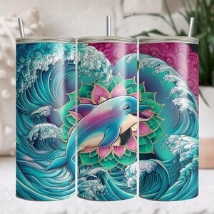 Vaso de 20 oz con diseño de mandala y olas del océano con delfines, sublimación PNG, diseño acuático, vida marina, descarga instantánea, colores vibrantes, impresión digital