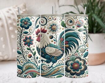 Diseño de gallo colorido PNG, diseño de vaso de sublimación de 20 oz, gallo con patrón floral, diseño de vaso vibrante, impresión artística de sublimación